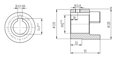 Полумуфта GE 55-70 тип B, с готовым отверстием d=70 мм, шпон паз 20х4,9мм+винт М12, СТАЛЬ, EMT - Евромеханика