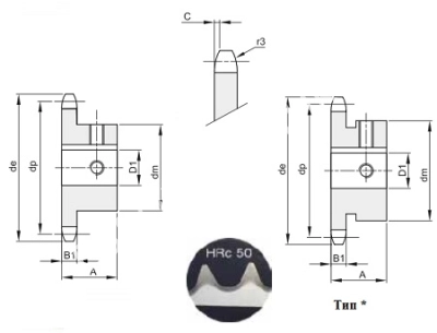 Звездочка с готовым отверстием 12B-1, Z=15, D1=30 мм, с закалкой зубьев - Евромеханика