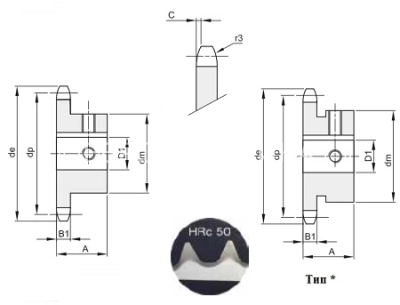 Звездочка с готовым отверстием 08B-1, Z=15, D1=22 мм, с закалкой зубьев - Евромеханика